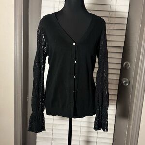 Karl Lagerfeld Paris Pearl Elegant Cardigan Black Lace Sleeve Sweater, Size SP